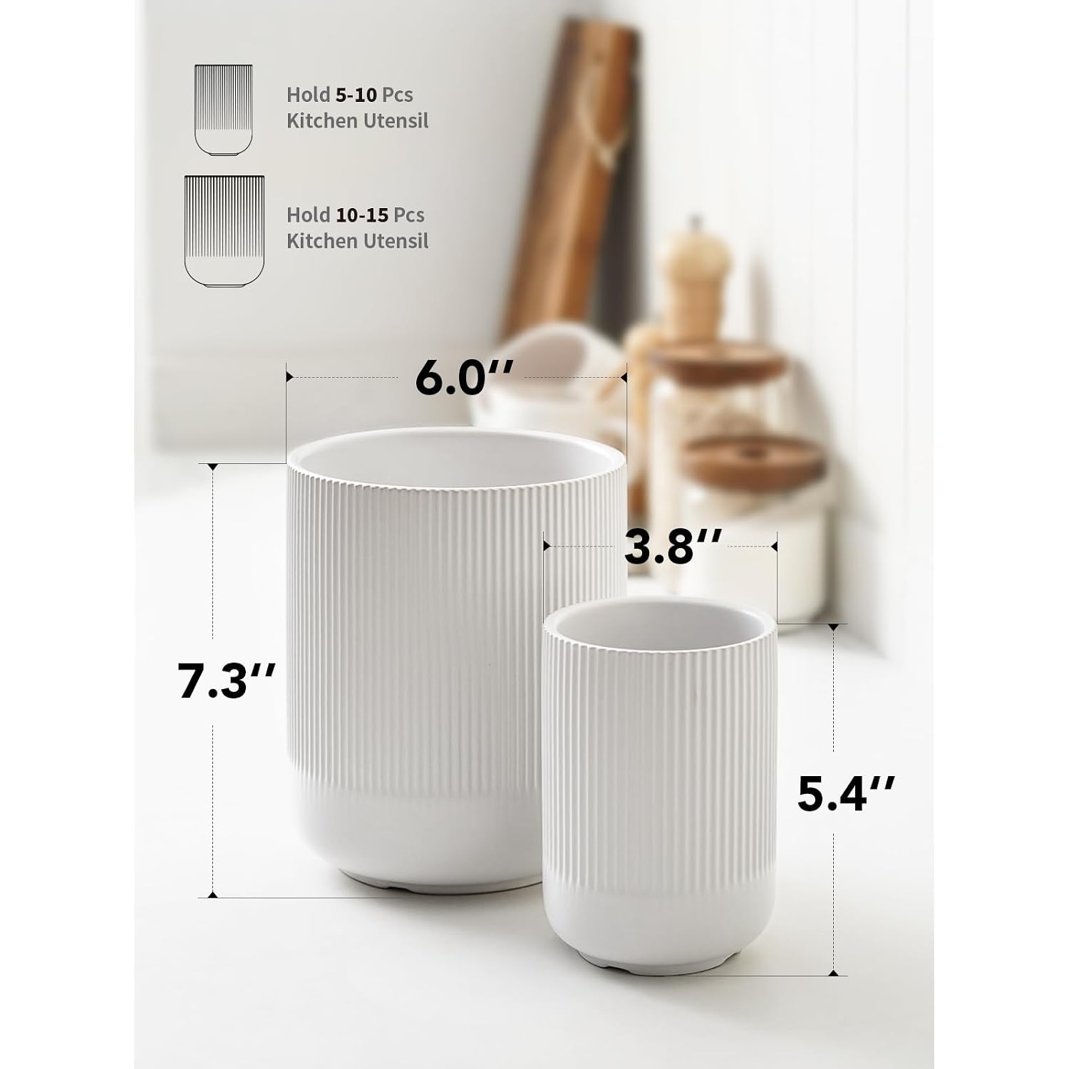 Le Tauci Utensil Holder For Kitchen Counter, 7.3"+5.4" Fluted Ceramic Utensil Crock Organizer For Countertop, Heavy Large Holder For Spatulas, Spoons, Set Of 2, White, Kitchen Counter Decor