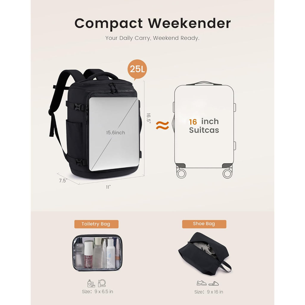 LOVEVOOK Travel Backpack for Women & Men, 25L Airline Approved Personal Item Carry On Backpack, Lightweight with 2 Packing Cubes, Waterproof Daypack for Work, Gym & Weekend Travel, Black