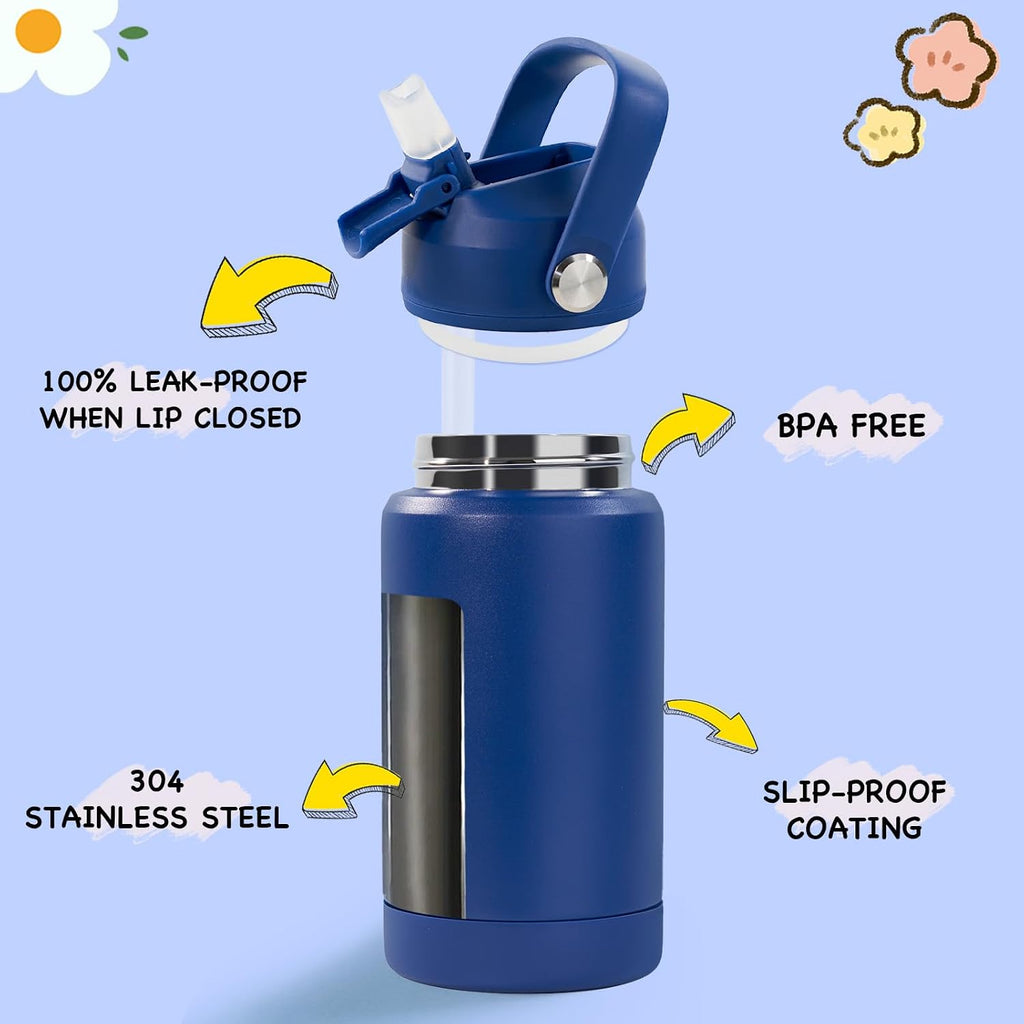 Kerilyn 12Oz Kids Water Bottle, Stainless Steel Insulated Water Bottle, Toddler Cup With Straws Leak-Proof, Kids Water Bottles For School Boys Girls, Bpa Free, Blue