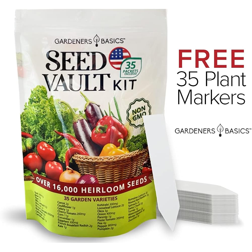 Gardeners Basics Survival Vegetable Seeds Garden Kit Over 16,000 Seeds Non-Gmo And Heirloom, Great For Emergency Bugout Survival Gear 35 Varieties Seeds For Planting Vegetables 35 Free Plant Markers