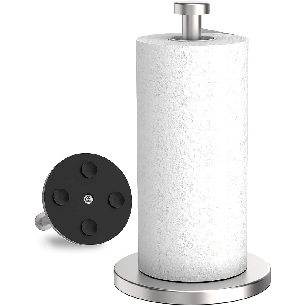 Vehhe Paper Towel Holder Countertop, Stainless Steel Paper Towel Holder Stand With Weighted Base Suction Cups, Standing Paper Towel Roll Holder For Kitchen Bathroom (Silver)