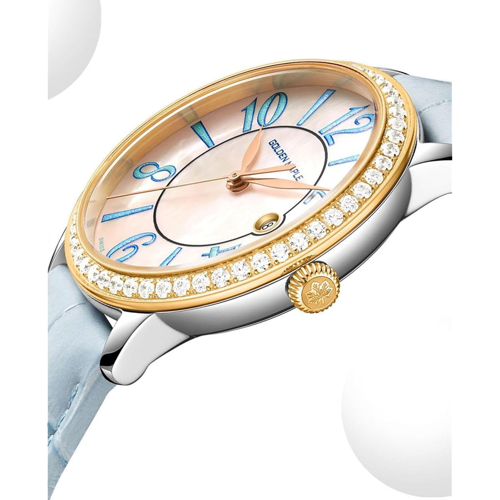 Golden Maple Dainty Watches For Women, Mother-Of-Pearl Dial And Swiss Quartz Movement, Ladies Watch With Leather Strap
