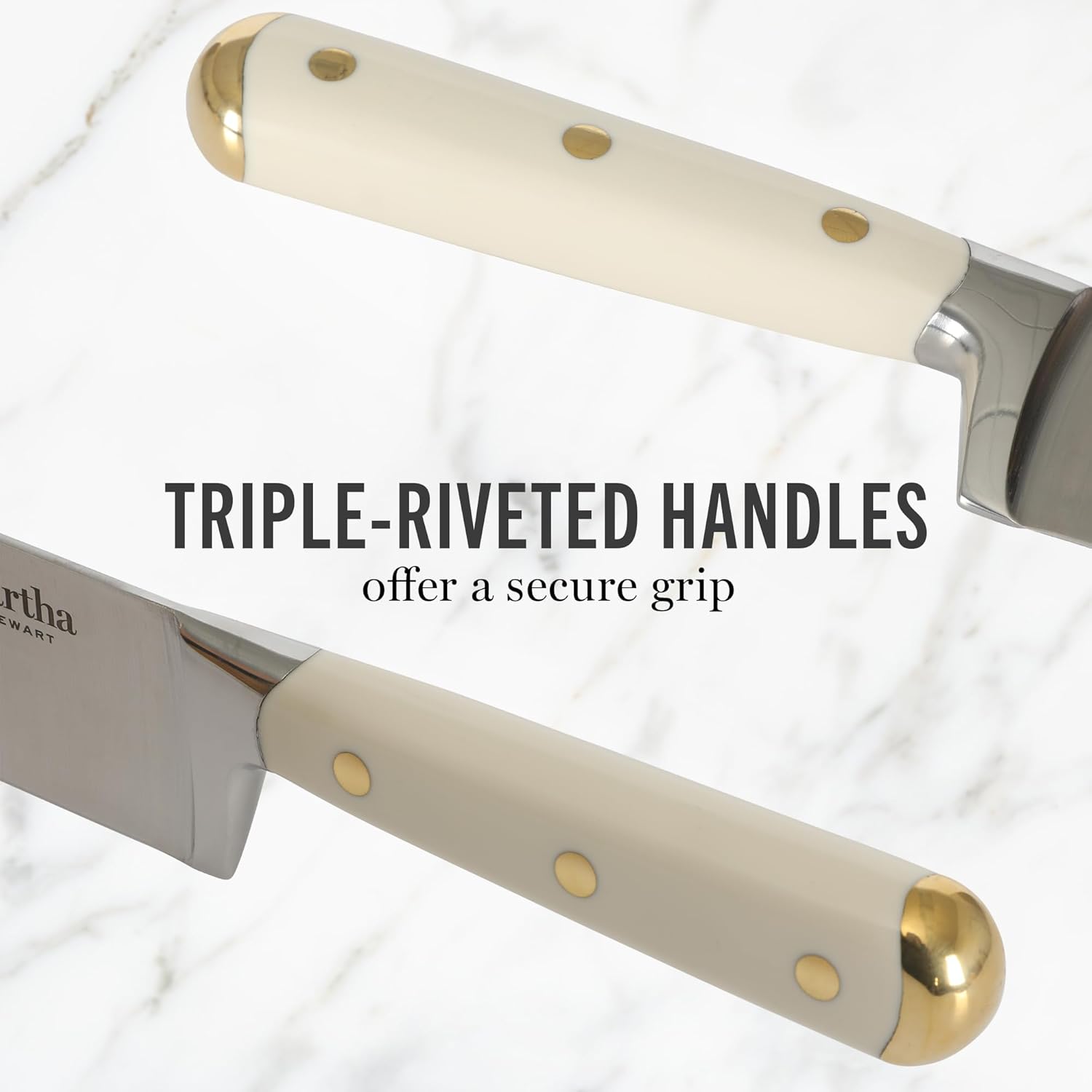 Martha Stewart Knife Block Set 16-Piece - Lockton High Carbon Stainless Steel Forged Full Tang Chef Knives, Acacia Wood Block, Triple Riveted Handles, Linen White & Gold