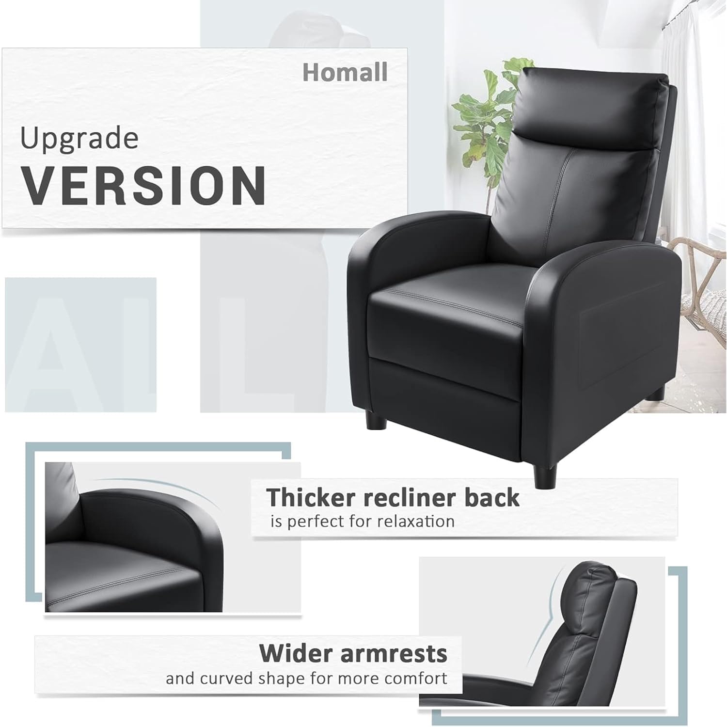 Homall Recliner Chair, Recliner Sofa Pu Leather For Adults, Recliners Home Theater Seating With Lumbar Support, Reclining Sofa Chair For Living Room (Black, Leather)