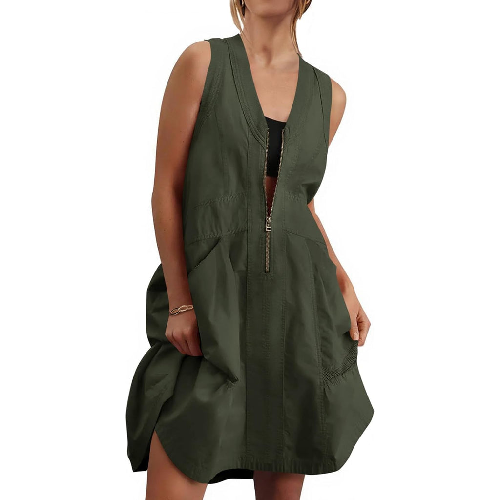 Fisoew Women'S Sleeveless Tank Half Zip V Neck Mesh Back Mini Dresses | Casual, Loose Fit, Utility, Summer, With Pockets