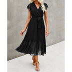 Btfbm Women Summer Bohemian Floral Casual Wrap V Neck Ruffle Cap Sleeveless Belt A-Line Pleated Hem Midi Sun Dress White