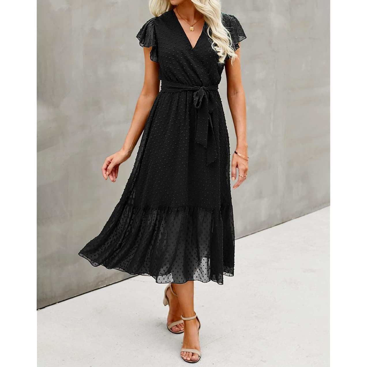 Btfbm Women Summer Bohemian Floral Casual Wrap V Neck Ruffle Cap Sleeveless Belt A-Line Pleated Hem Midi Sun Dress White