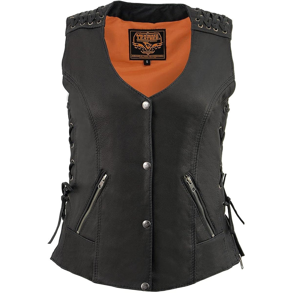 Milwaukee Leather Women'S V-Neck Distress Grey Premium Leather Motorcycle Rider Vest W/Side Laces Mll4531