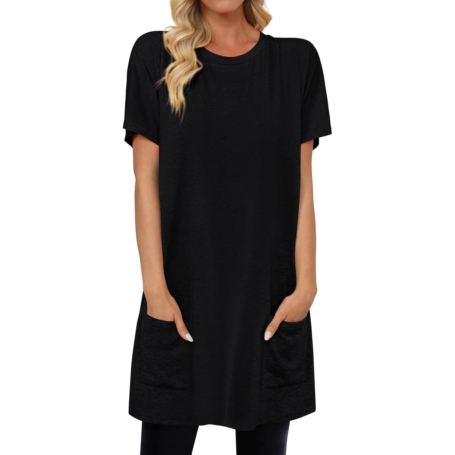 Kissmoda Womens Summer Tunic Tops For Leggings Casual Short Sleeve Long Shirts With Pockets
