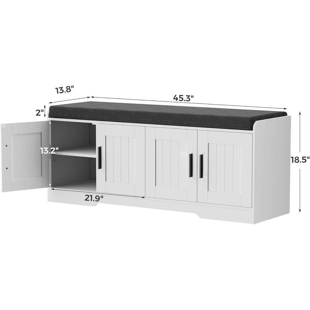 Homleke 2-Tier Storage Bench, Shoe Bench with Thickened Padded Seat Cushion, Entryway Bench with 4 Doors, Adjustable Shelf, 13.8" D x 45.3" W x 18.5" H, for Entryway, Living Room, Bedroom, White