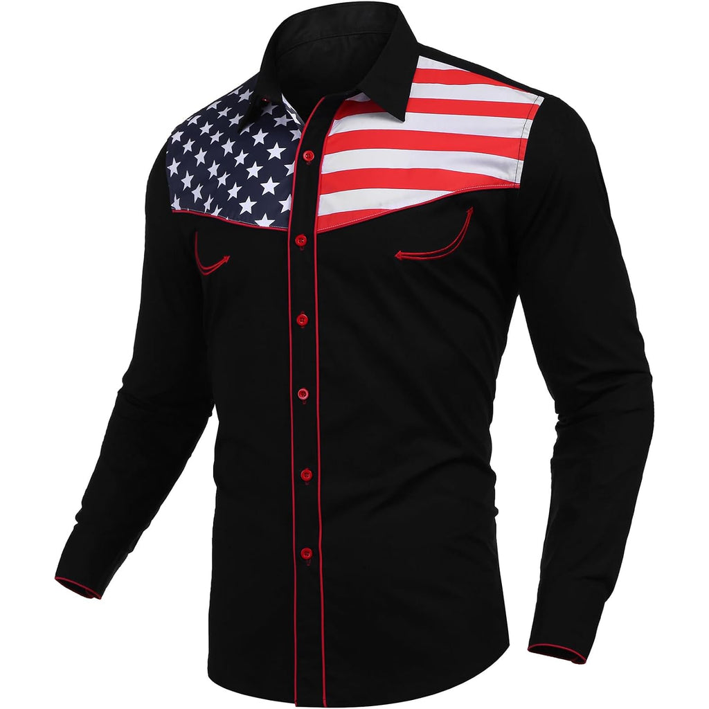 Coofandy Men'S American Flag Button Down Shirts Western Cowboy Shirt Slim Fit Patriotic Long Sleeve Shirt