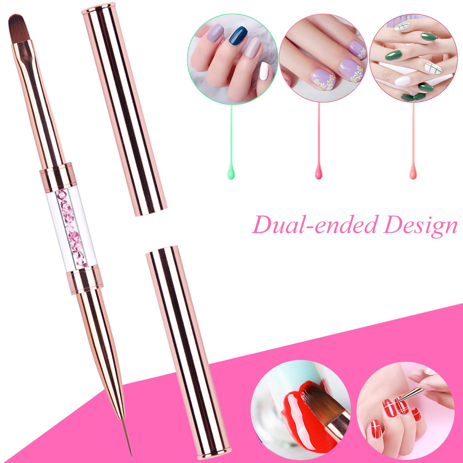 1Pcs Dual-ended Nail Design Brushes Rhinestone Handle Nail Art Liner Brush UV Gel Nail Polish Brush Rose Gold