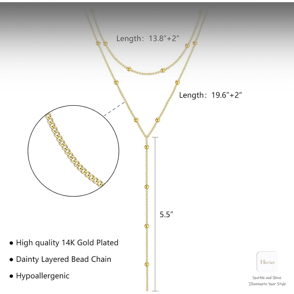 HERIER Lariat Gold Necklace for Women, Dainty Long Necklace 14k Gold Plated/Silver Y-Shaped Layered Beaded Chain Drop Necklaces for Women Trendy Simple Gold Jewelry for Women Gifts