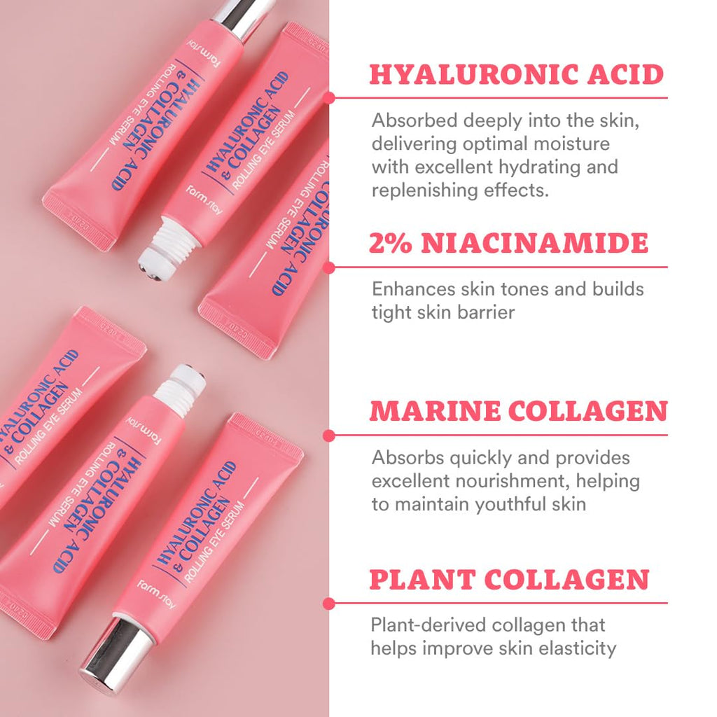 Farmstay Hyaluronic Acid Roll-On Eye Serum With 2% Niacinamide & Collagen – Hydrating Korean Eye Roller For Dark Circles, Puffy Eyes & Wrinkles – 0.84 Fl. Oz.
