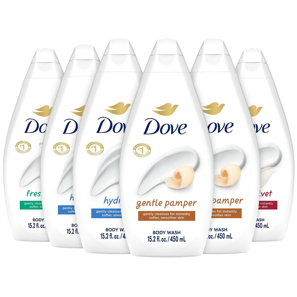 Dove Body Wash Variety 6-Pack – Hydrate, Gentle Pamper, Fresh Care, And Silky Velvet, 15.2 Oz Ea