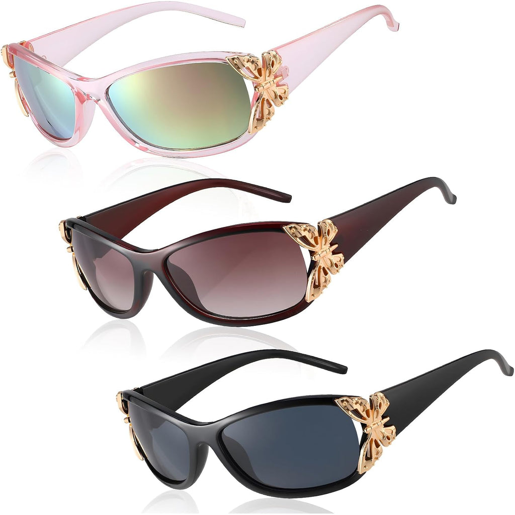 3 Pairs Y2K Sunglasses For Women, Fashion Wrap Around Butterfly Design Sun Glasses With Uv400 Protection