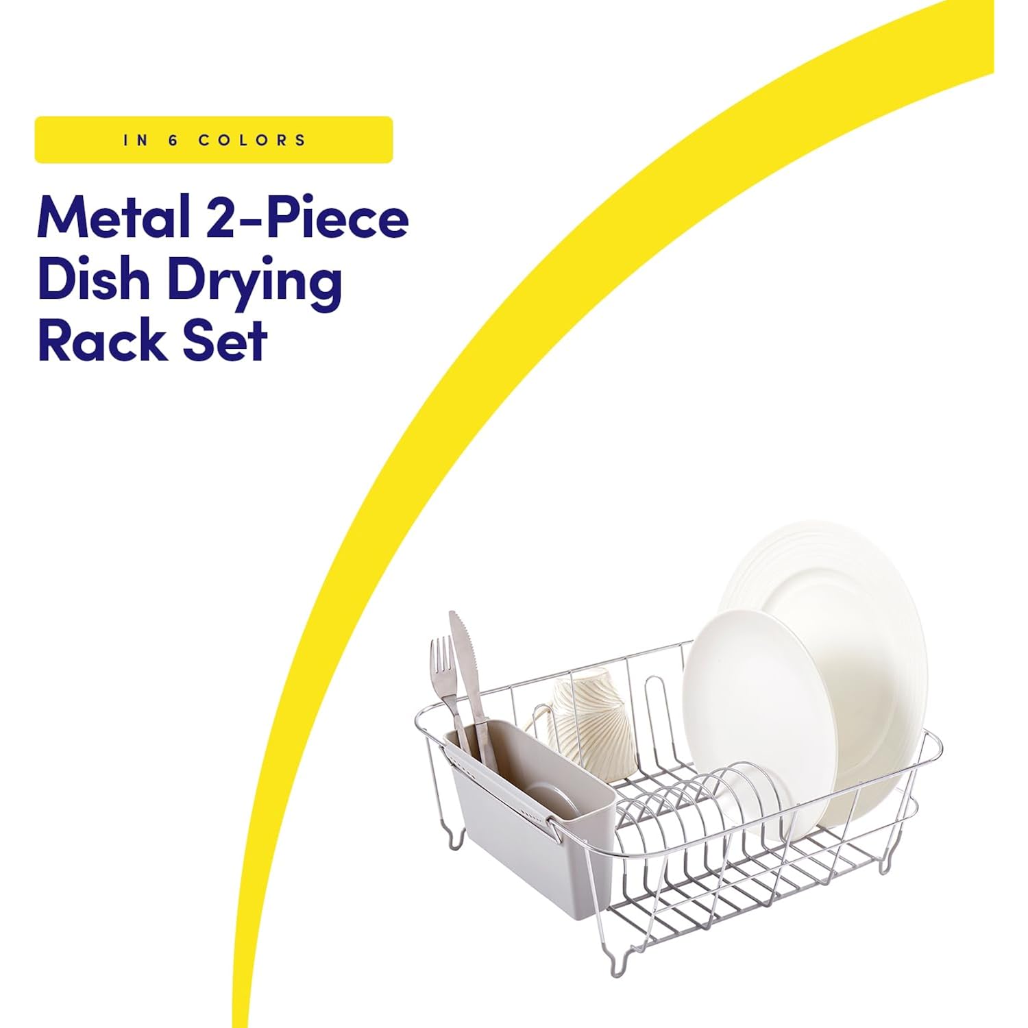 Dish Drying Rack & Cutlery Holder 2 Piece Set - Compact Sink-Fitting Dish Drainer With Rubberized Undercoating, Space-Saving Kitchen Organizer For Plates, Cups, Bowls & Utensils In Sink, Silver