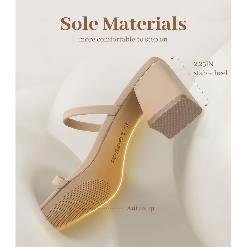 Leevar Square Toe Heeled Sandals For Women - Women'S Low Block Heels Sandals - 2.25In Open Toe Ankle Strap Chunky Heels - Slip On Heeled Sandal Mule- Nude Black Strappy Heels For Party Wedding Dress Shoes