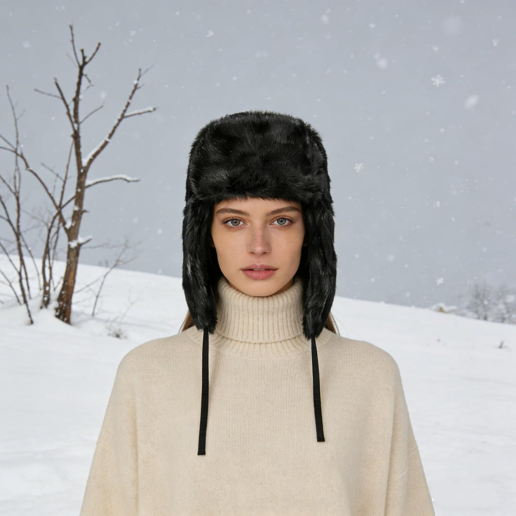 SIQITECHNO Men Winter Trapper Russian Trooper Hat Faux Fur Ushanka Eskimo Earflap Pilot Hat Furry Windproof Hunting Ski Cap