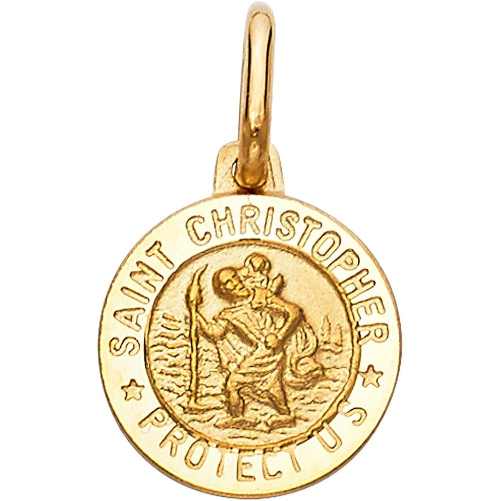 14K Yellow Gold St. Christopher Medal Pendant Necklace Protect Us Charm with 1.9mm Figaro 3+1 Chain