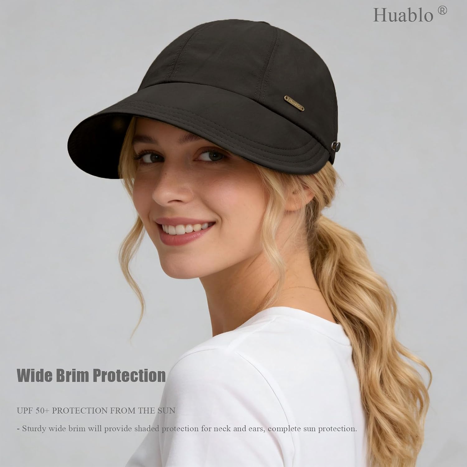 huablo]UPF 50+Womens Sun Hat UV Protection Hiking Fishing Hats Wide Brim Hat Adjustable Ponytail Packable Sun Cap Black