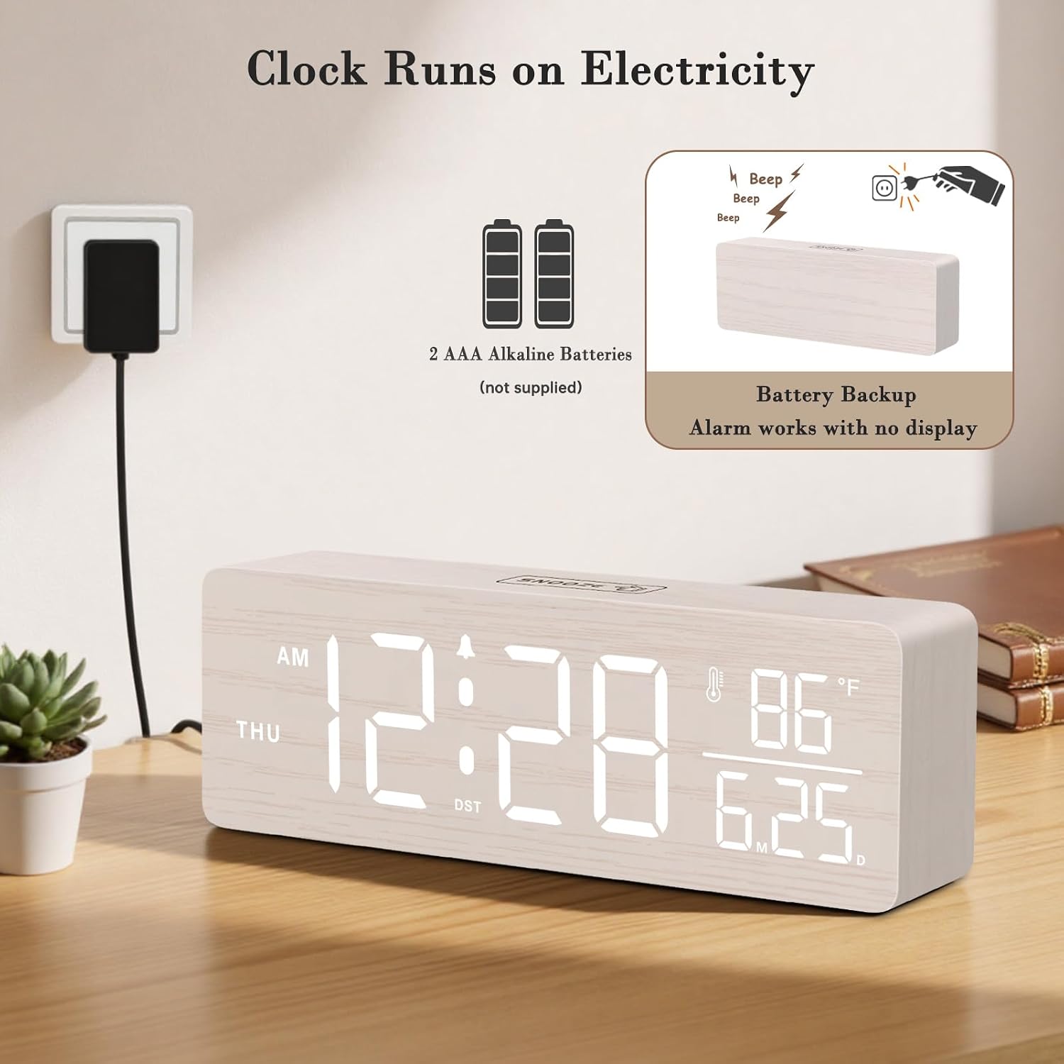 Dreamsky Wooden Digital Alarm Clock With Date & Day Of Week For Bedroom | Large Display Desk Clock For Living Room, Temperature, Dimmer, Adjustable Volume, Auto Dst, Office Wood Décor (Plug-In)
