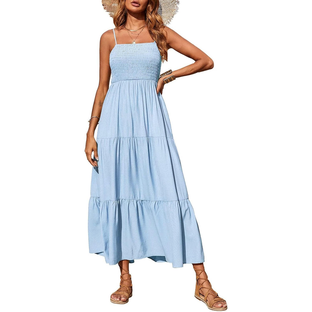 Prettygarden Women'S Summer Maxi Dress 2026 Casual Boho Sleeveless Spaghetti Strap Smocked Tiered Long Beach Sundresses