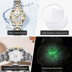 Olevs Women Watch Multifunctional Two Tone Watch Fashion Business Analog Quartz Ladies Watch Stainless Steel Waterproof Diamond Watch For Women