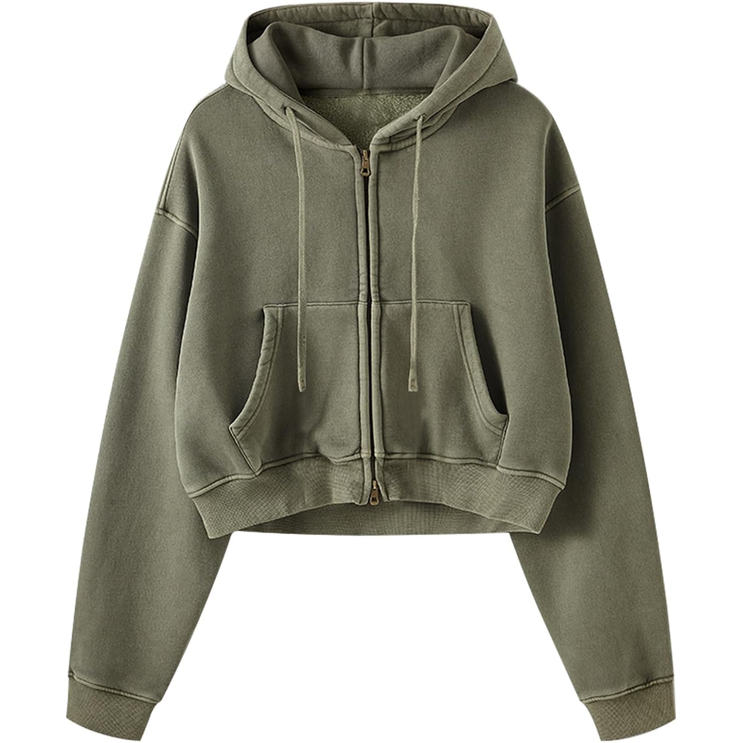 Gihuo Women'S Cropped Zip-Up Hoodie, Acid Wash Double Zipper Short Sweatshirt