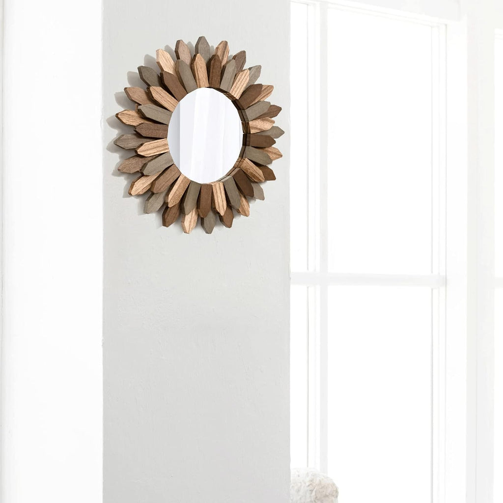 Boho Wall Decor 12 Inch Decorative Mirror With Rustic Wood Sunburst Frame, Perfect For Bedroom, Living Room, Bathroom, Kitchen