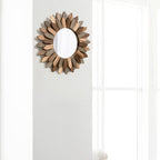 Boho Wall Decor 12 Inch Decorative Mirror With Rustic Wood Sunburst Frame, Perfect For Bedroom, Living Room, Bathroom, Kitchen