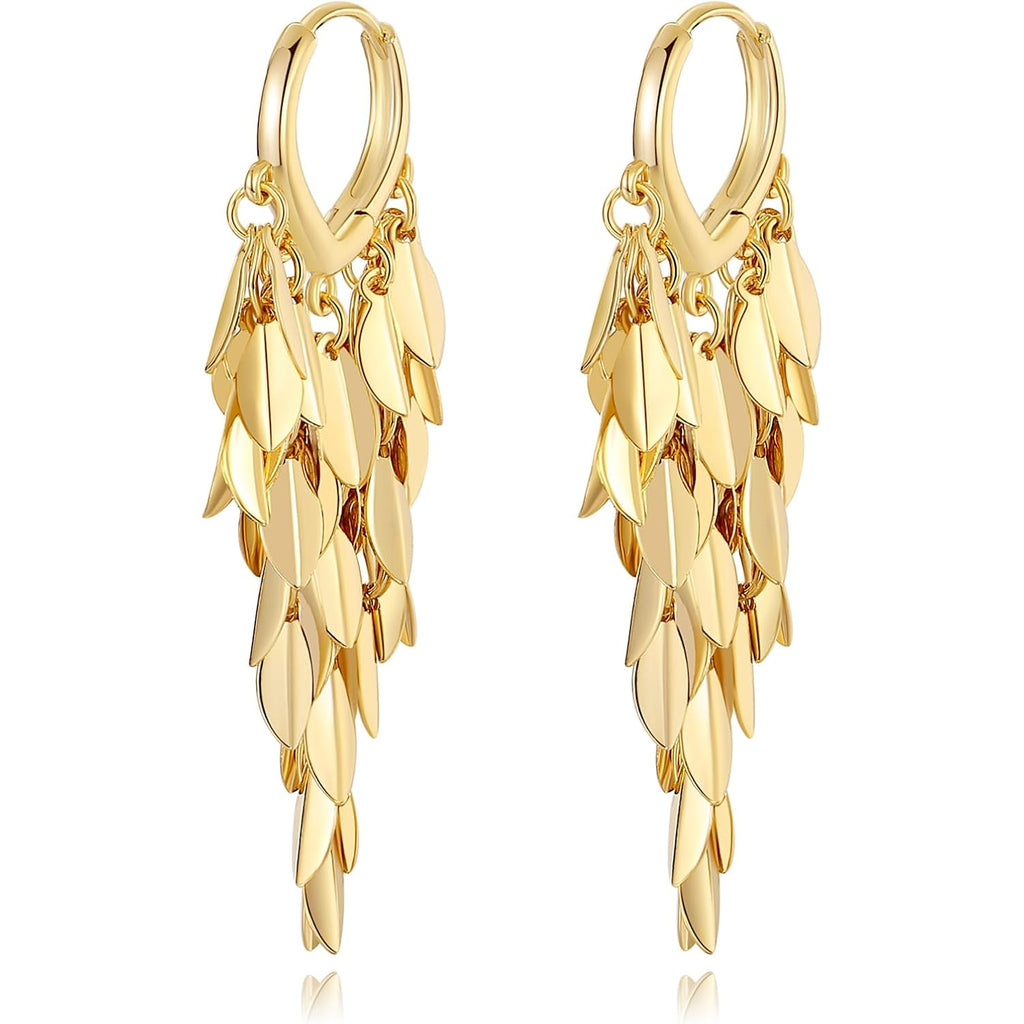 18K Gold Plated Leaf Hoop Earrings for Women, Long Tassel Dangle Drop Earrings, Chunky Gold Chandelier Earrings