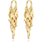 18K Gold Plated Leaf Hoop Earrings for Women, Long Tassel Dangle Drop Earrings, Chunky Gold Chandelier Earrings