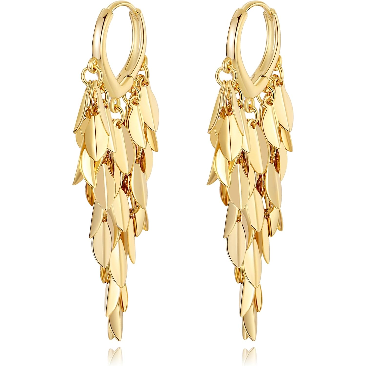 18K Gold Plated Leaf Hoop Earrings for Women, Long Tassel Dangle Drop Earrings, Chunky Gold Chandelier Earrings