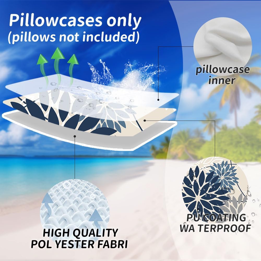 Blue And Gray Floral Pillow Covers 18X18 Set Of 2 Outdoor Waterproof White Colored Decorative Throw Pillows Summer Pillowcase Polyester Cushion Case Decor For Couch Patio Funiture Garden Porch 01B18