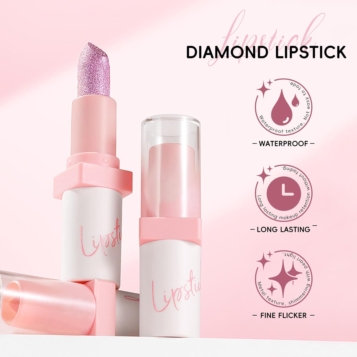 Hosaily Metallic Pink Frost Glitter Lipstick For Women, Long Lasting High Shine Diamond Creamy Nude Light Pink Lipstick Transfer Proof,Shimmer High Impact Full Coverage Non Stick Cup Lip Makeup#1