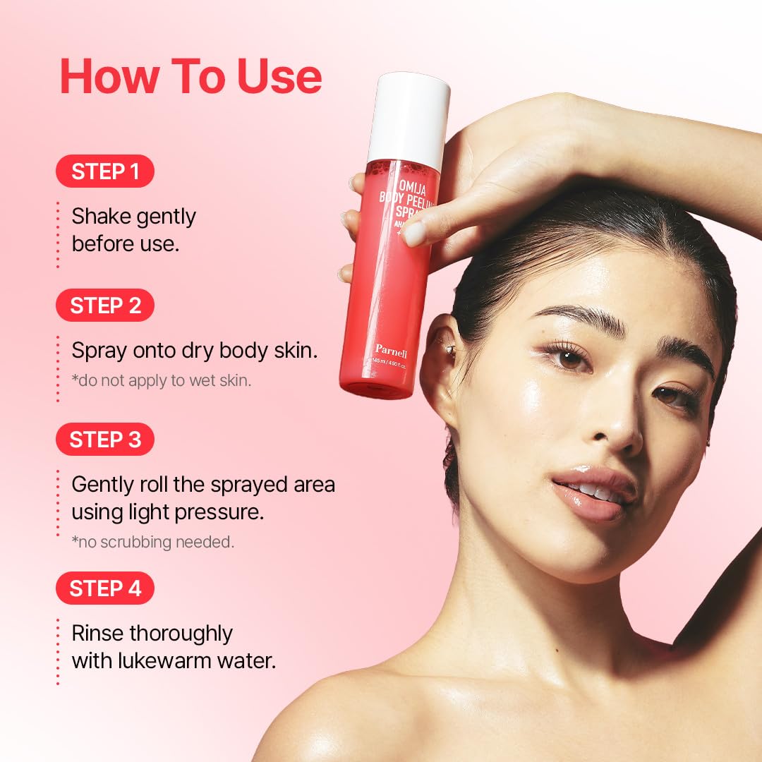 Parnell Aha Omija Ceramic Body Peeling Spray – Aha Bha Pha Body Exfoliant For Keratosis Pilaris, Strawberry Legs, Dark Spots & Dead Skin Remover – Exfoliant Body Mist For Rough Skin 4.60 Fl.Oz