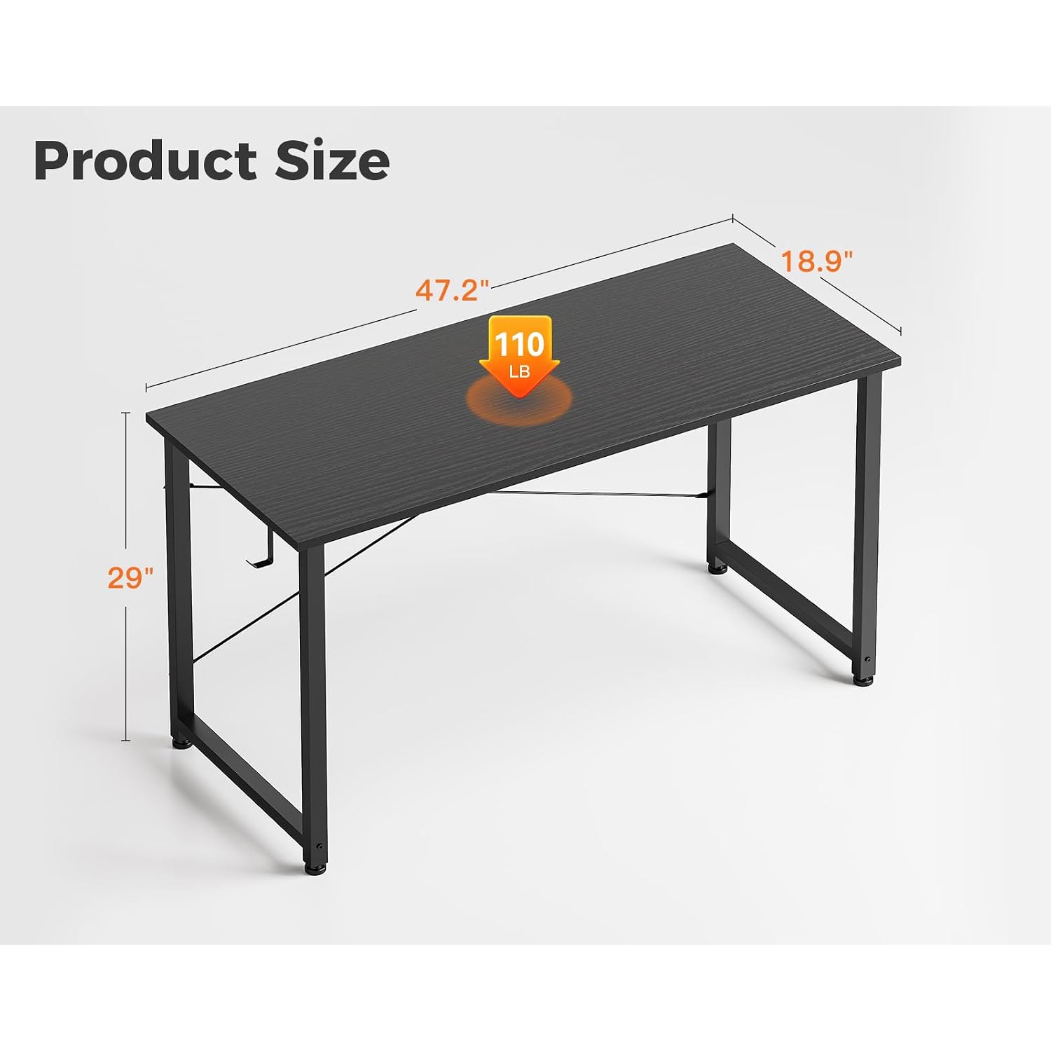Casaottima 48 Inch Small Computer Desk For Home Office, Study Writing Table For Small Spaces, Simple Modern Desk With Headphone Hooks, Pure Black