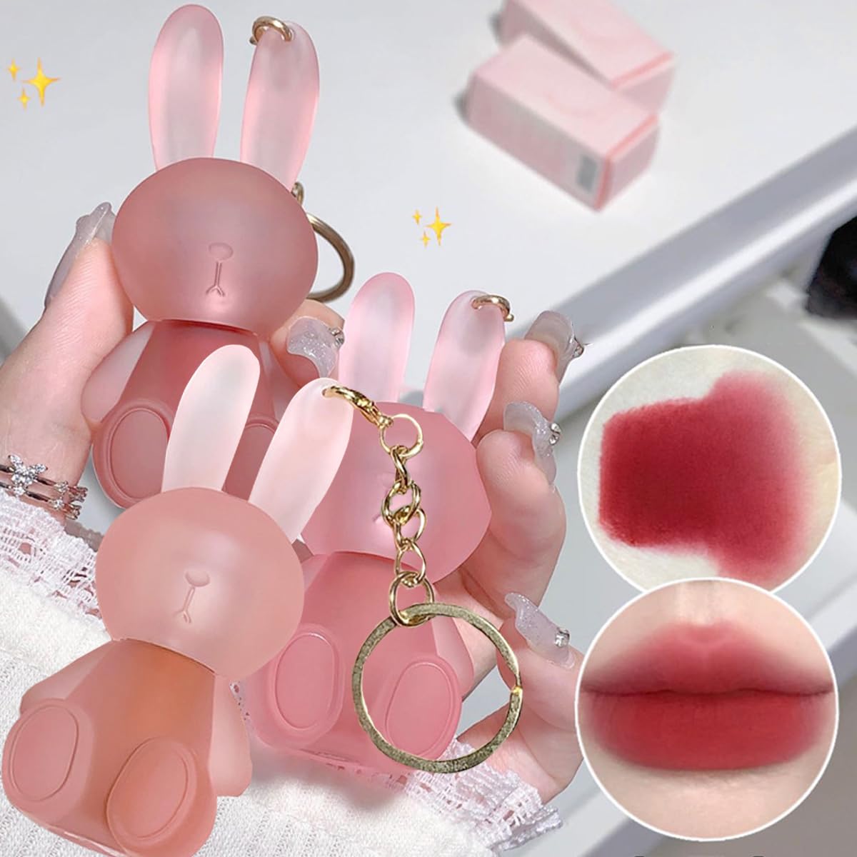 Baorder 3 Colors Cute Rabbit Matte Liquid Lipstick set, Velvet Lip Glaze 2 in 1 Key Chain Bunny Lip Gloss Lip Stain,Waterproof Long Lasting Non-Stick Cup Lip Clay for Girls