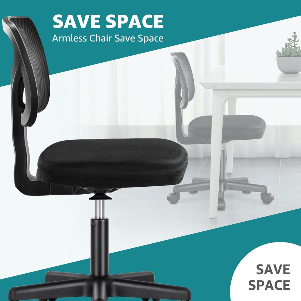 Olixis Armless Office Chair, Ergonomic Desk Chair With Wheels, Mesh Back, Removable Washable Foam Cushion, Height Adjustable Rolling Swivel Chairs For Small Space, Home, Office, Black