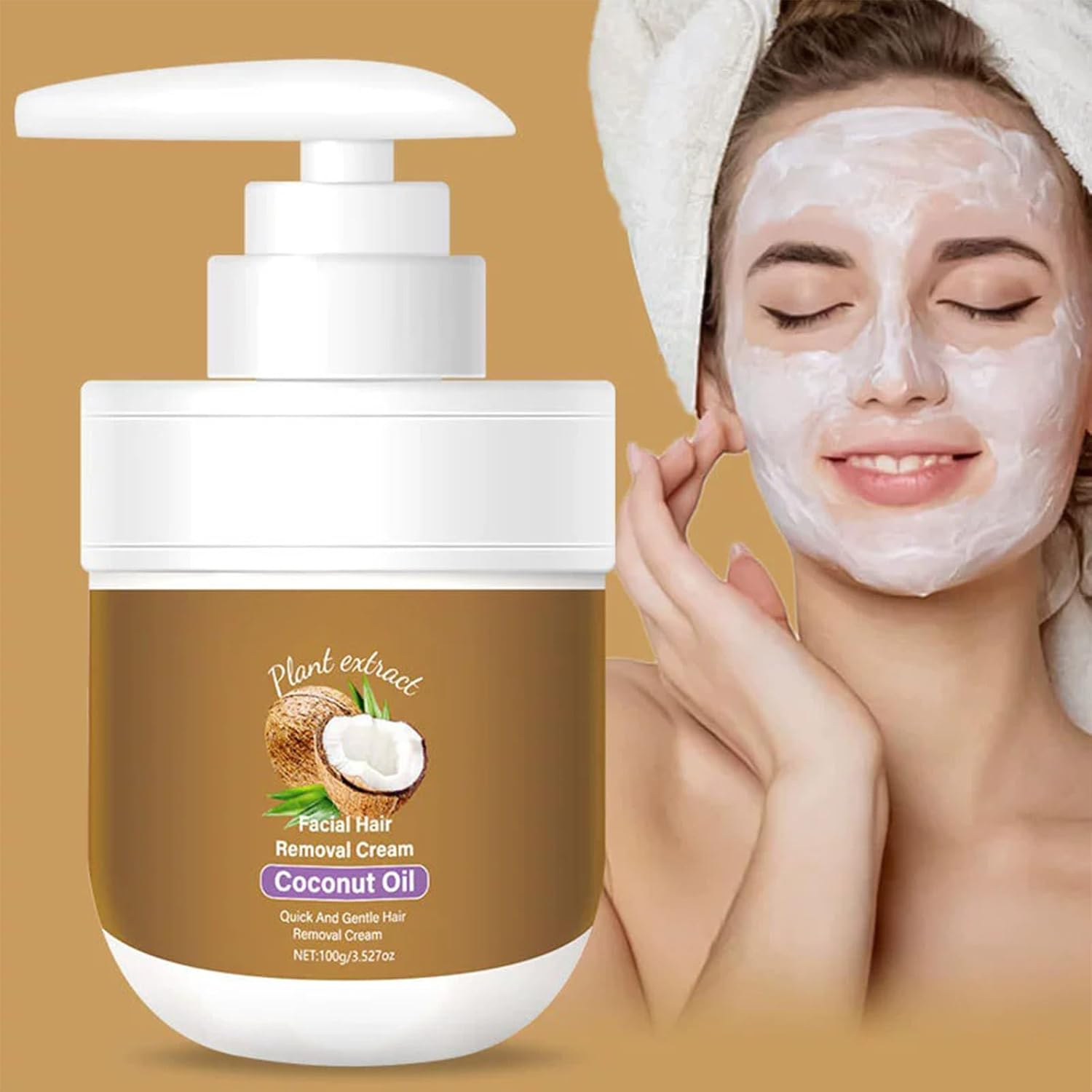 Coconut Facial Hair Removal Cream - Gentle & Effective for Women - Natural Formula, Moisturizing & Soothing, Painless Hair Remover, No Stubble, No Irritation, Fast Results, All Skin Types 3.53 oz
