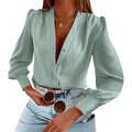 Women's Business Casual Tops Summer Long Sleeve Button Down Shirts V Neck Chiffon Blouses