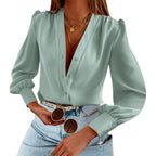 Women's Business Casual Tops Summer Long Sleeve Button Down Shirts V Neck Chiffon Blouses