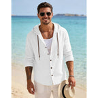 Mens Cotton Linen Button Down Hoodies Long Sleeve Casual Hoodies Hawaiian Beach Top Lightweight Fashion Shirts