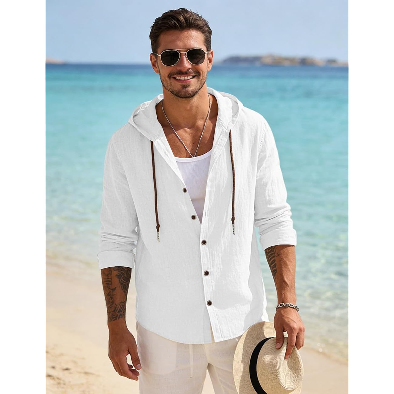 Mens Cotton Linen Button Down Hoodies Long Sleeve Casual Hoodies Hawaiian Beach Top Lightweight Fashion Shirts