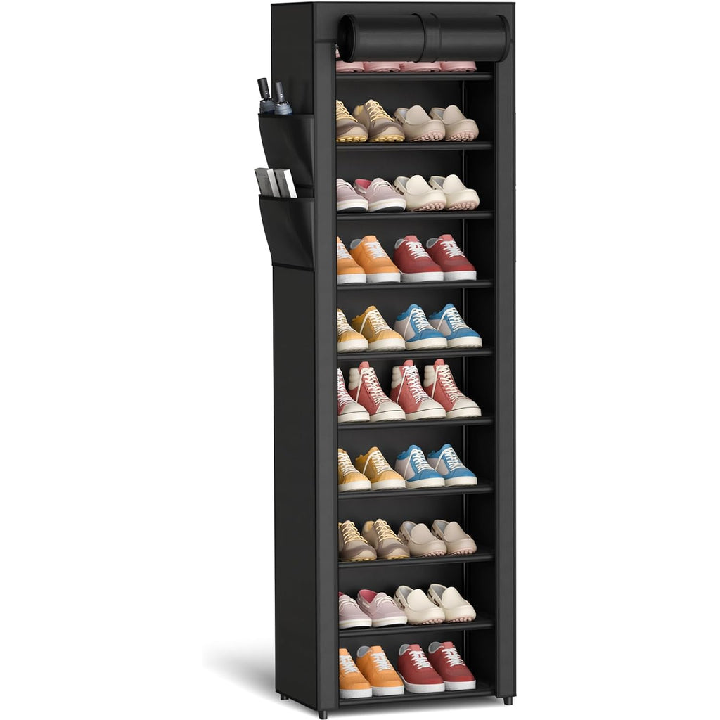 Kitsure Shoe Rack - 10-Tier Large Capacity Shoe Organizer Shelf With Dust Cover & Side Pockets, Rust-Proof Metal Shoe Rack For Closet, Entrance, Living Room, 17.5" X 12.4" X 69.3", Black