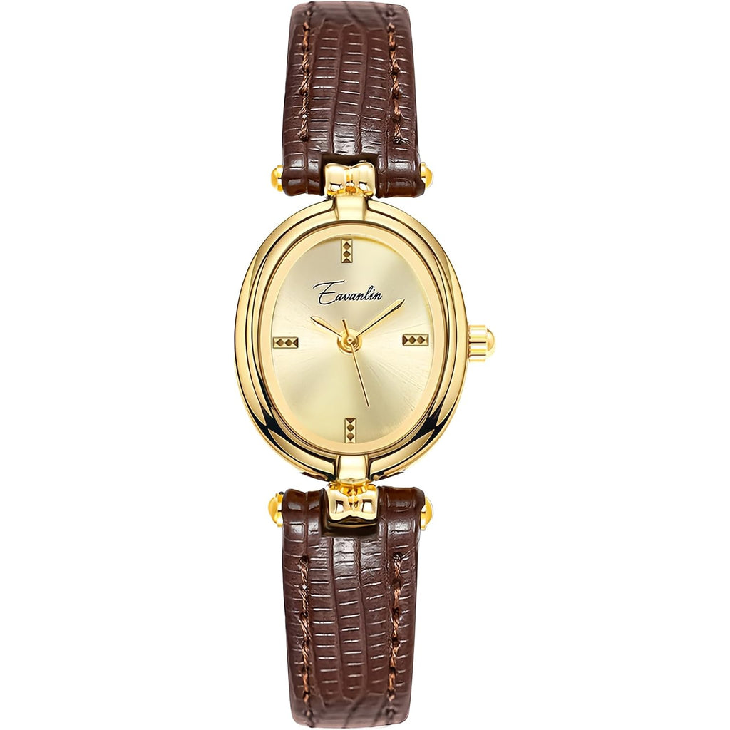 Womens Fashion Small Gold Oval Quartz Watches Vintage Leather Band Waterproof Luxury Casual Ladies Bracelet Wrist Watch Brown Black