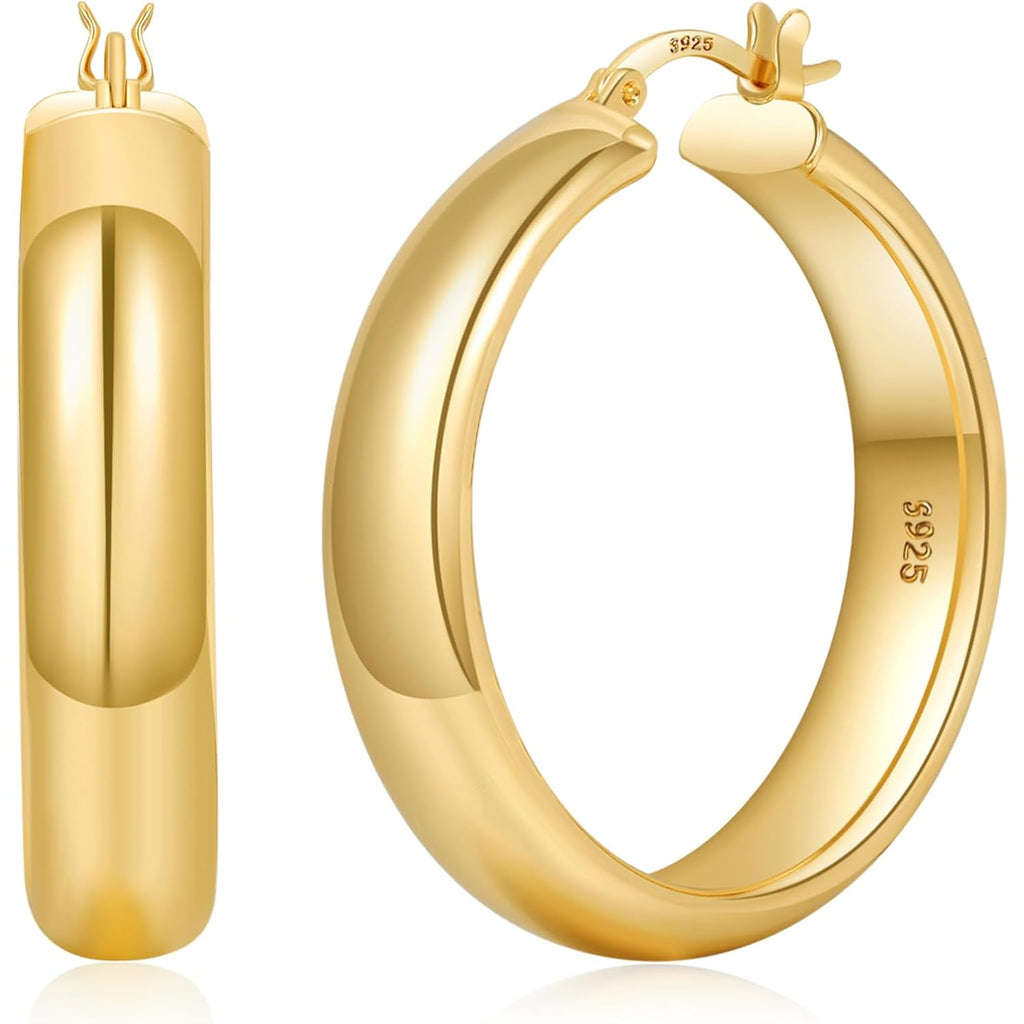 YOUNGYUE 8mm Wide Chunky Gold Hoops 14K Real Gold Plated Hypoallergenic 925 Sterling Silver Hoops Lightweight Big Gold Hoop Earrings for Women 30/40/50/60mm