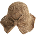 Foldable Wide Brim Floppy Straw Beach Sun Hat,Summer Bucket Cap with Bowknot for Women Girls Khaki