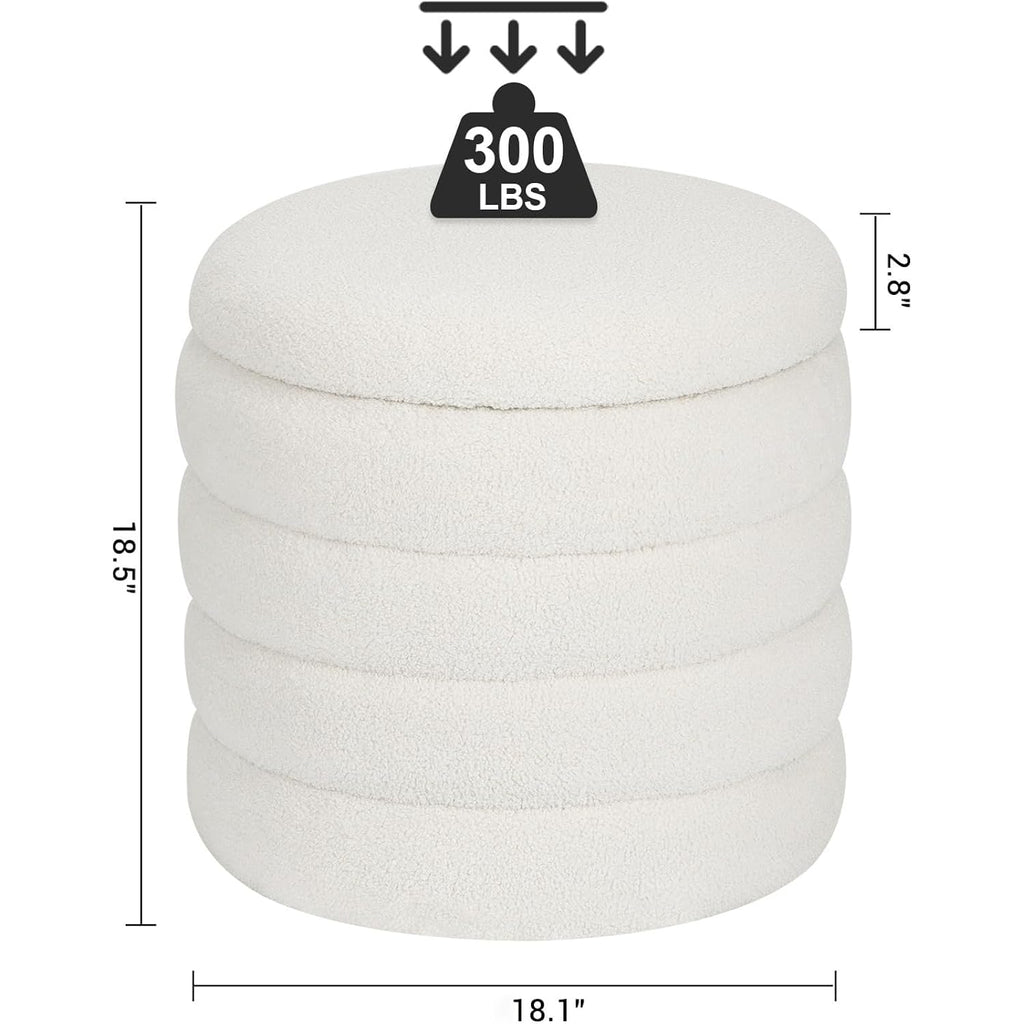 Teddy Sherpa Round Ottoman With Storage, Modern Upholstered Vanity Stool Foot Rest, Small White Boucle Storage Ottoman For Bedroom, Living Room, Entryway, Dorm